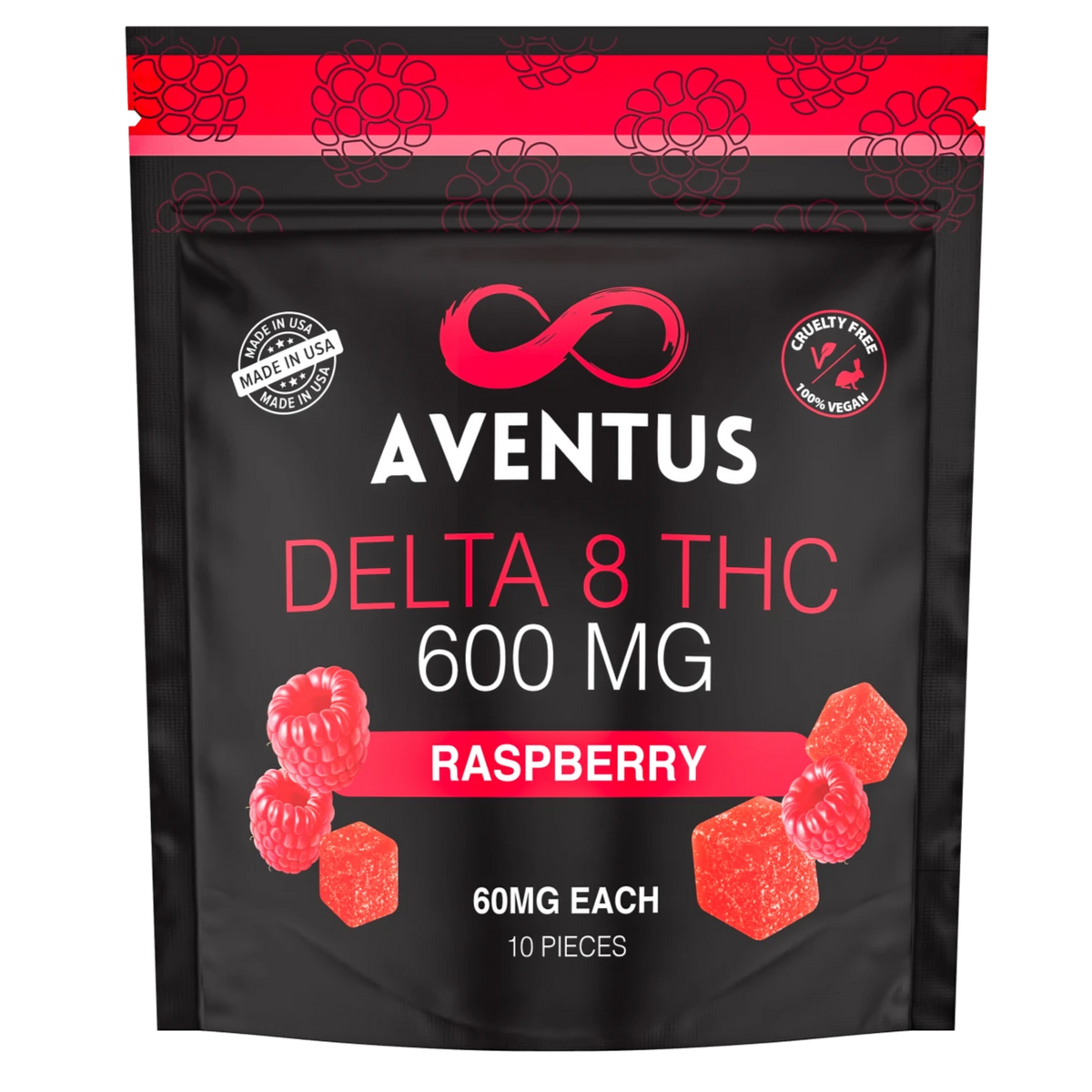 Aventus 600mg Delta-8 THC Raspberry Gummies Vegan 10 Pack