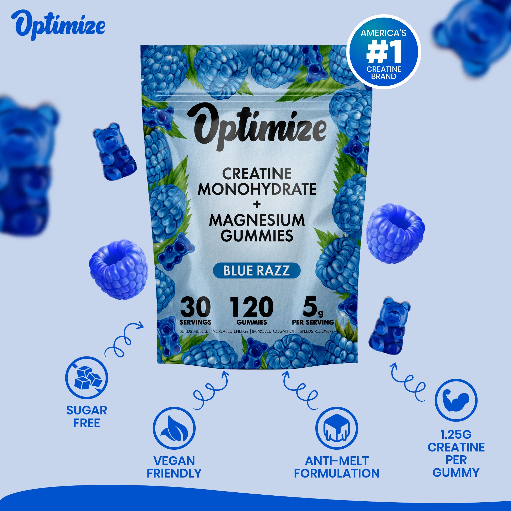 Blue Razz Optimize Creatine Monohydrate Gummies + Magnesium Complex Ve ...