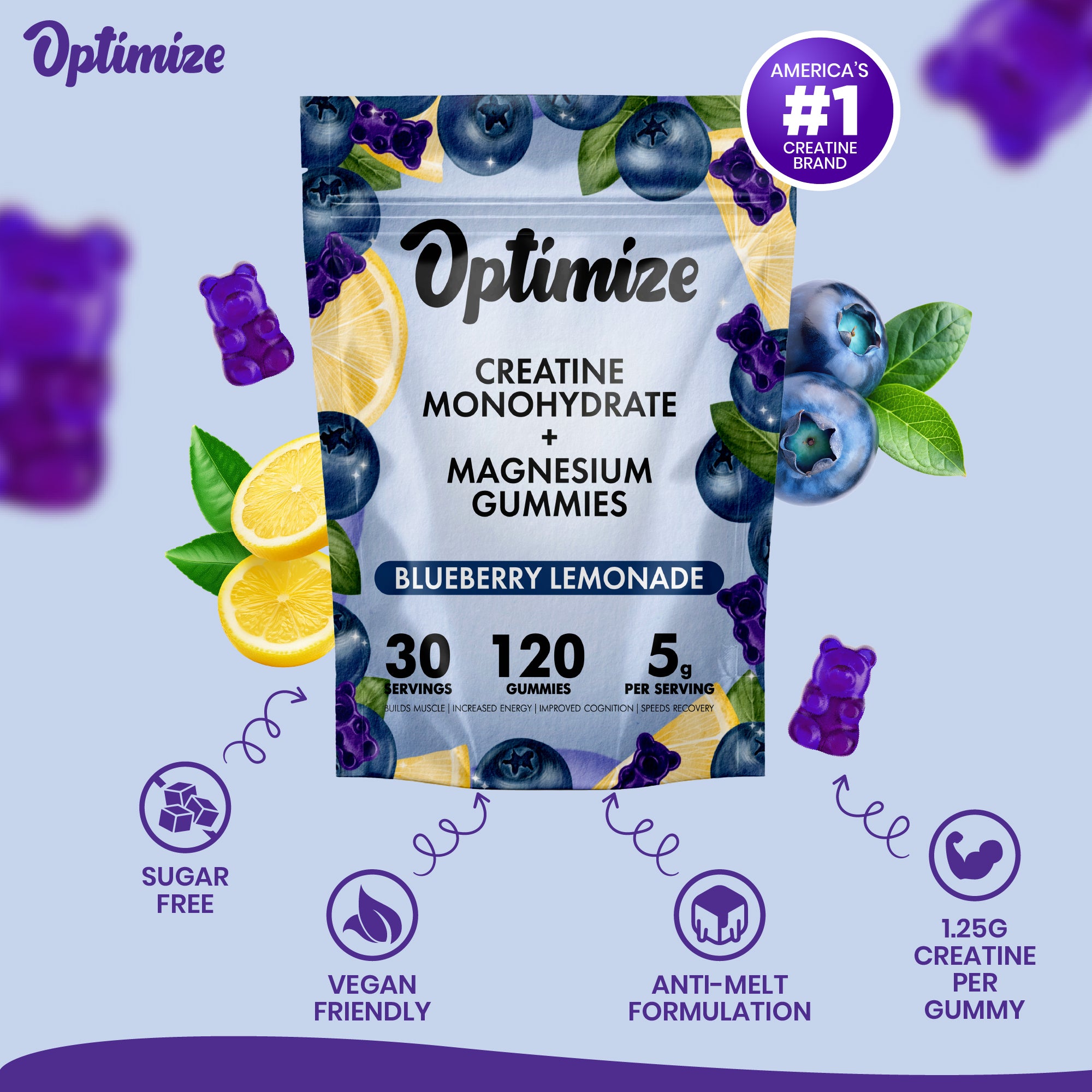 Blueberry Lemonade Optimize Creatine Monohydrate Gummies + Magnesium Complex Vegan Blend 120 Count