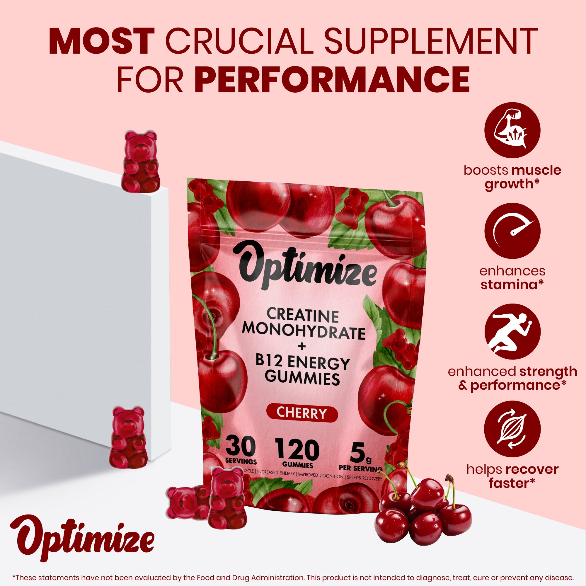 Cherry Optimize Creatine Monohydrate Gummies + B12 Energy Vegan Blend 120 Count