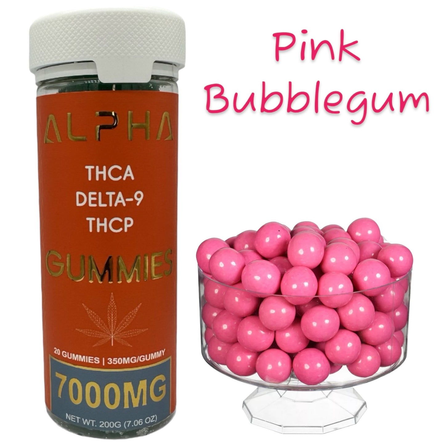 Alpha 7000mg Pink Bubblegum THC THCA THCP D9 Gummies 20 Count
