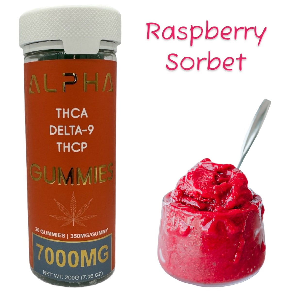 Alpha 7000mg THC Raspberry Sorbet THCA THCP D9 Gummies 20 Count