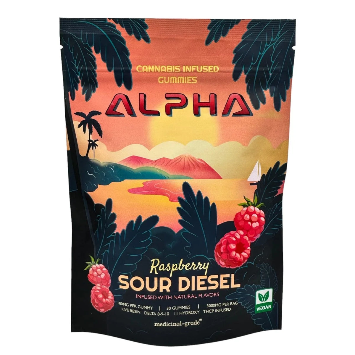 Raspberry Sour Diesel 3000mg THC Blend Vegan Gummies 30 Ct