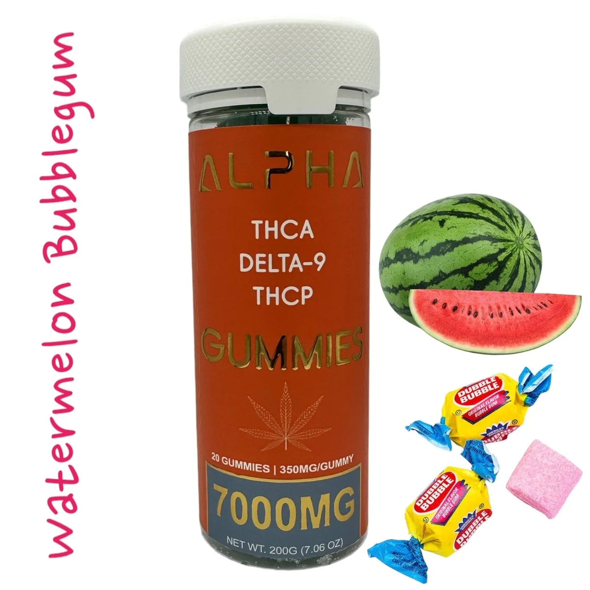 Alpha 7000mg THC Watermelon Bubblegum THCA THCP D9 Gummies 20 Count